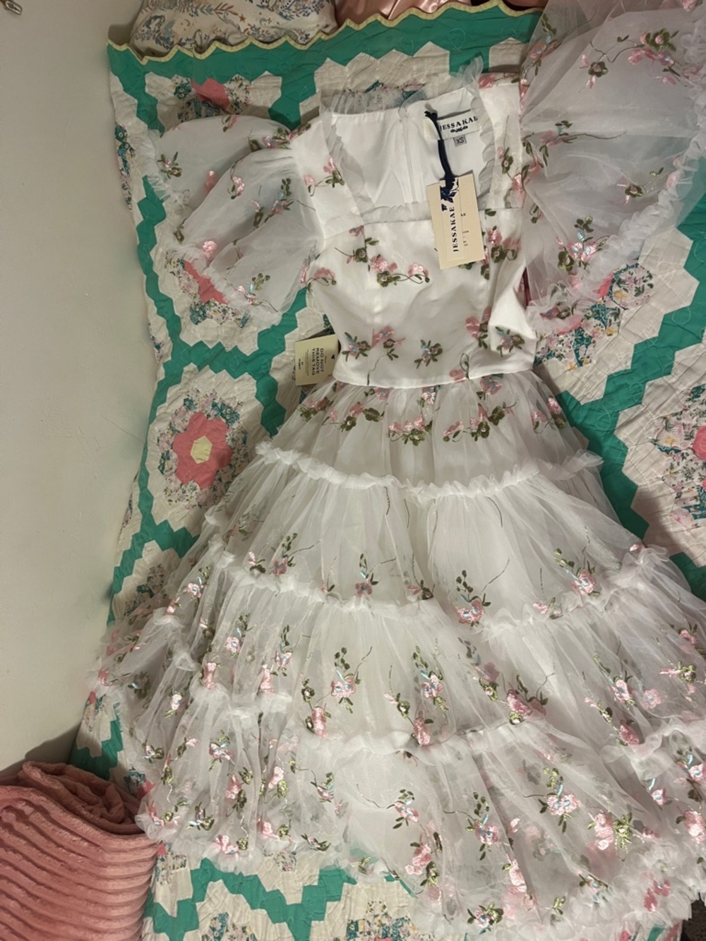JessaKae White Tulle Dress with Pink Floral Embroidery